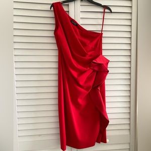LAUREN RALPH LAUREN Red One-Shoulder Side Flutter Midi Dress